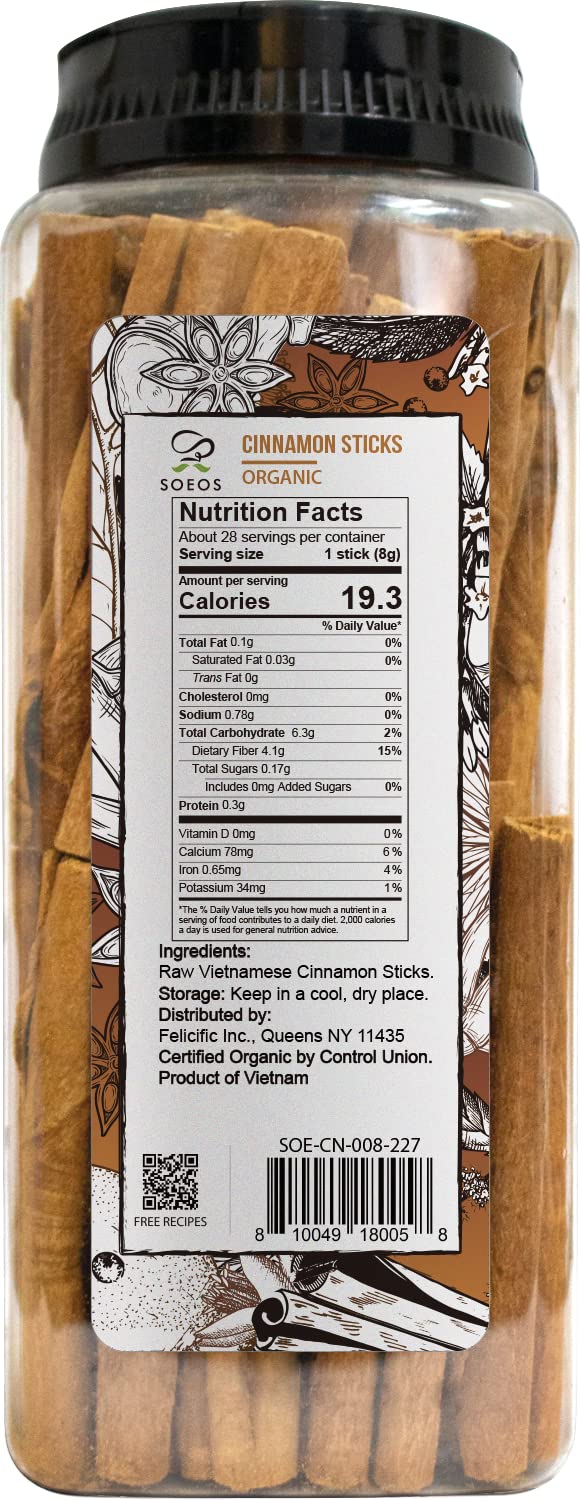 Soeos Organic Cinnamon Sticks, Cinnamon, Ground Cinnamon, Cinnamon Sticks, 100% Raw, Non-GMO, Kosher Certified, Cinnamon Seasoning Spice for Coffee, Baking, Cooking and Beverages 8 oz (226g)