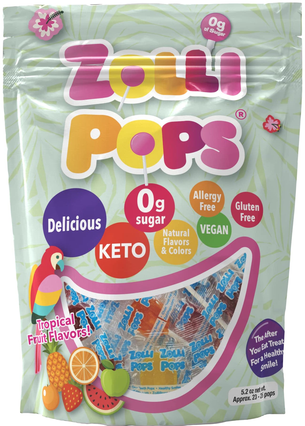 Zollipops The Clean Teeth Pops, Anti Cavity Lollipops, Delicious Flavors, Tropical, 5.2 Ounce ( Package May Vary)