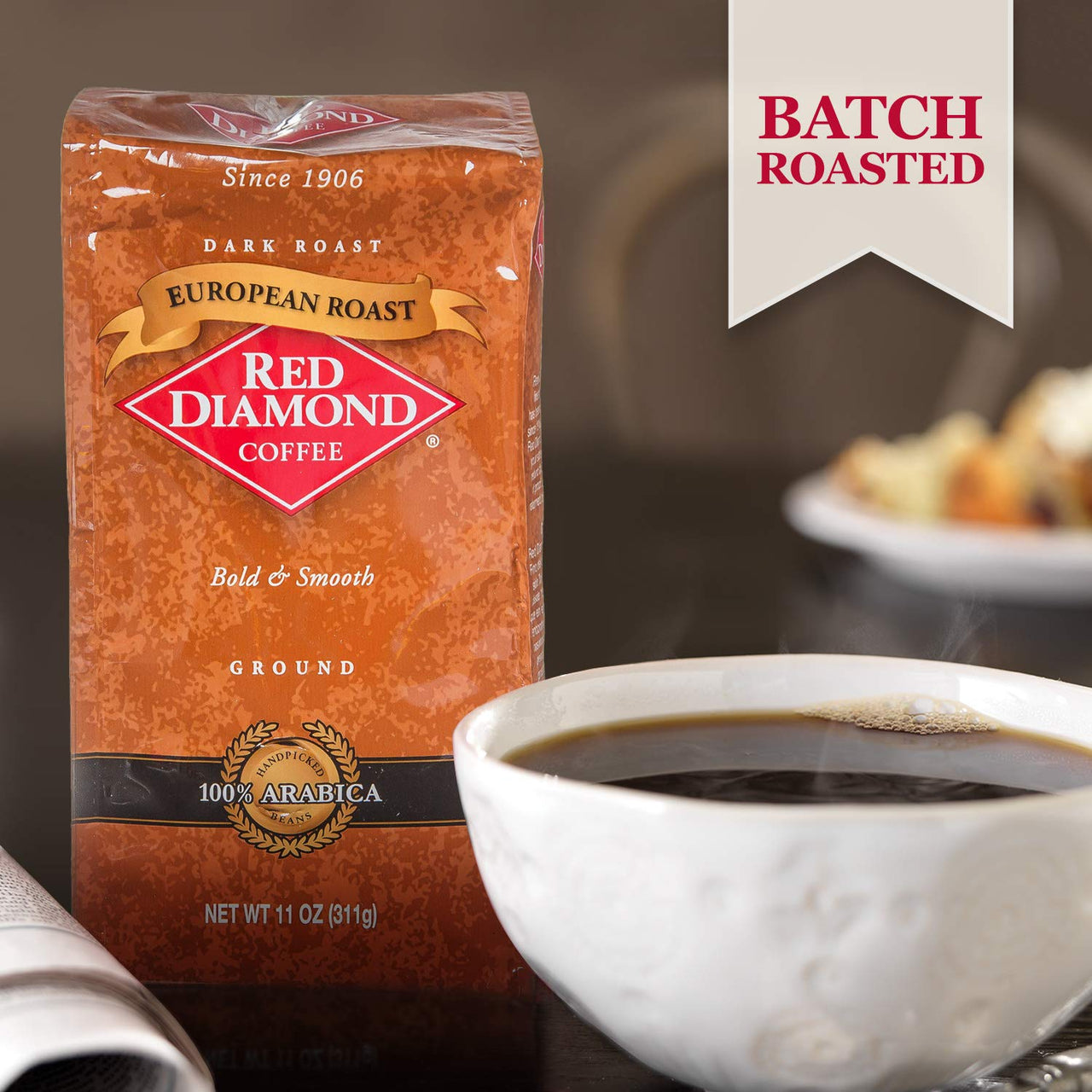 Red Diamond Ground Coffee, Dark European Roast, Premium Arabica Beans, Bold & Smooth Flavor, 11 Ounce Resealable Bag