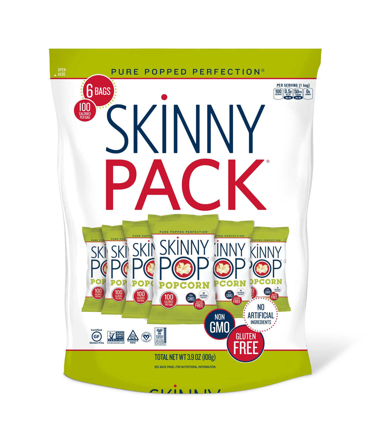Skinny Pop Original Popcorn Snack Packs, 0.65 Oz, 6 Ct