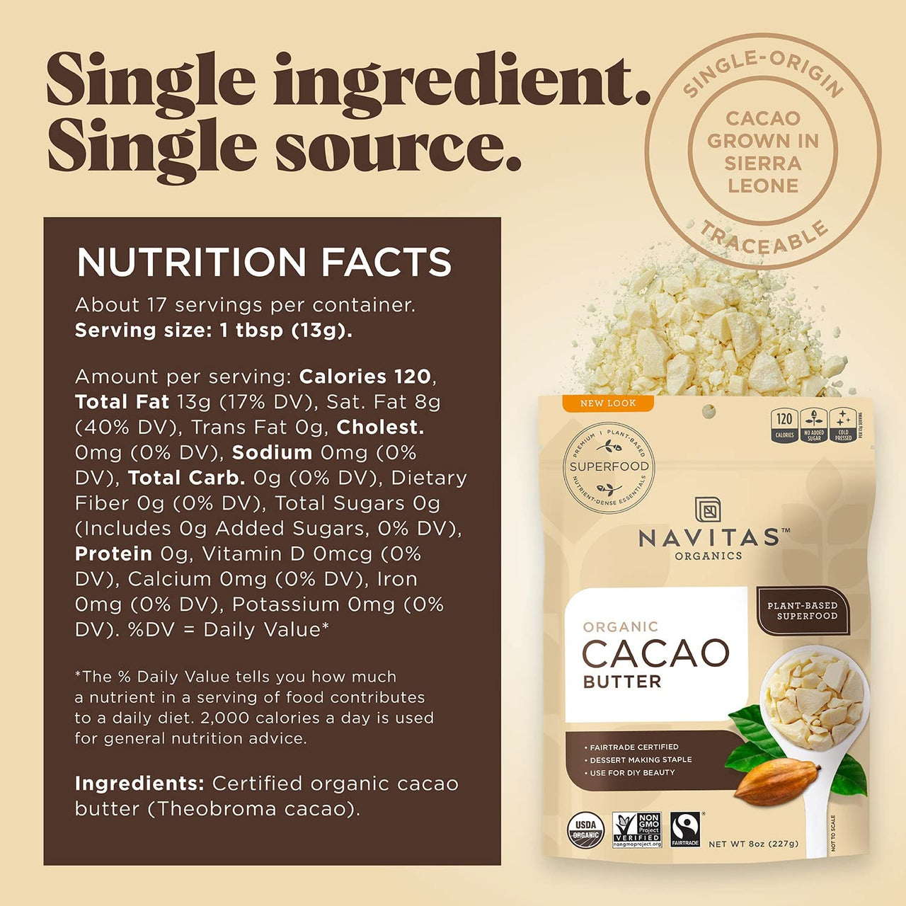 Navitas Organics Cacao Butter, 8 Ounce  Organic, Non-GMO, Fair Trade, Gluten-Free