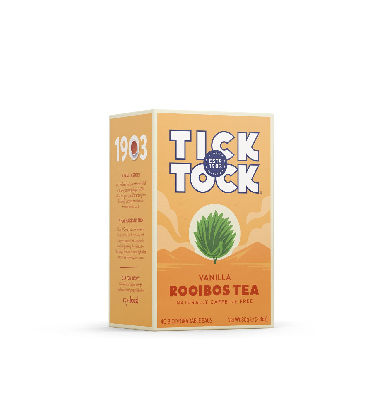 TICK TOCK TEAS Rooibos Vanilla, Naturally Caffeine Free Red Bush Herbal Tea, Rich in Anti-Oxidants, South African, Superfood, Packaging May Vary, 2.8 Oz, 40 Count