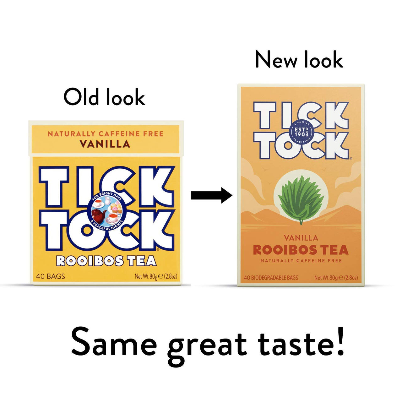 TICK TOCK TEAS Rooibos Vanilla, Naturally Caffeine Free Red Bush Herbal Tea, Rich in Anti-Oxidants, South African, Superfood, Packaging May Vary, 2.8 Oz, 40 Count
