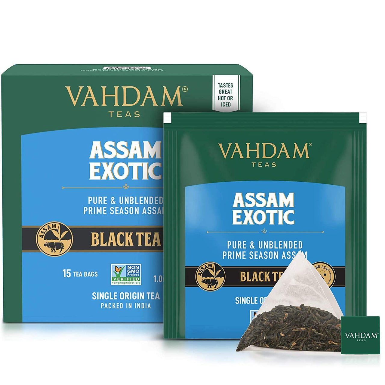 VAHDAM, Assam Black Tea (15 Tea Bags) - Long Leaf Assam Tea Bags - RICH & MALTY - Breakfast Tea Bags, FTGFOP1 Grade, 100% Certified Pure Unblended Assam Tea Loose Leaf - 15 Pyramid Tea Bags