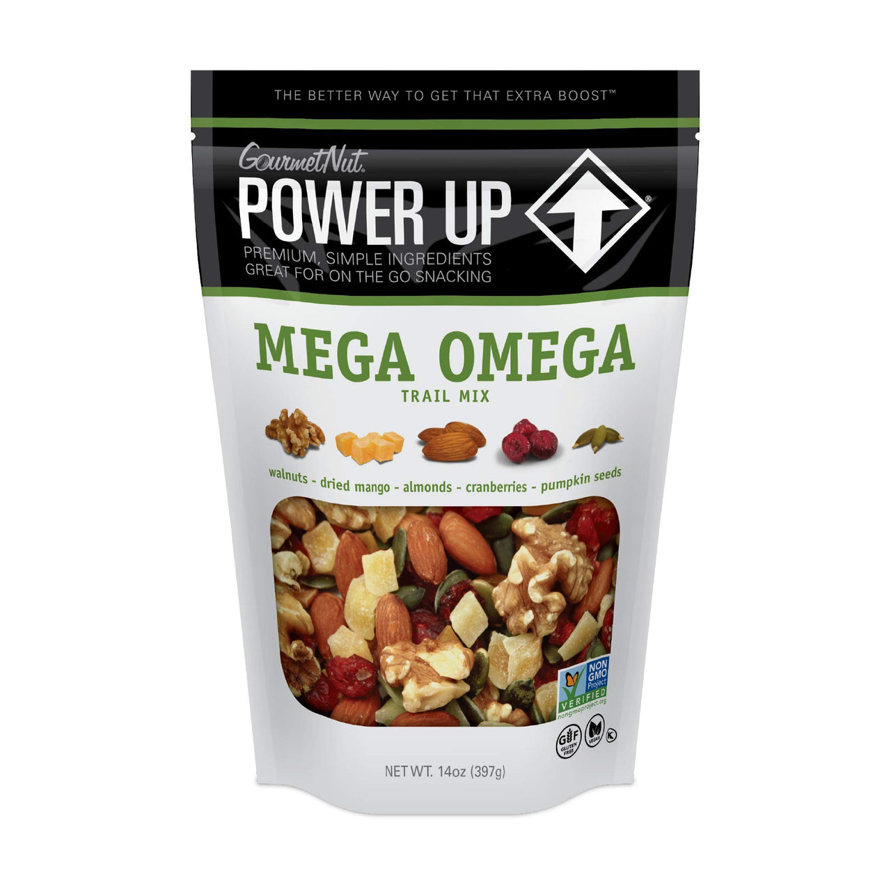 Power Up Trail Mix, Mega Omega Trail Mix, Non-GMO, Vegan, Gluten Free, No Artificial Ingredients, Gourmet Nut, 14 Ounce Bag