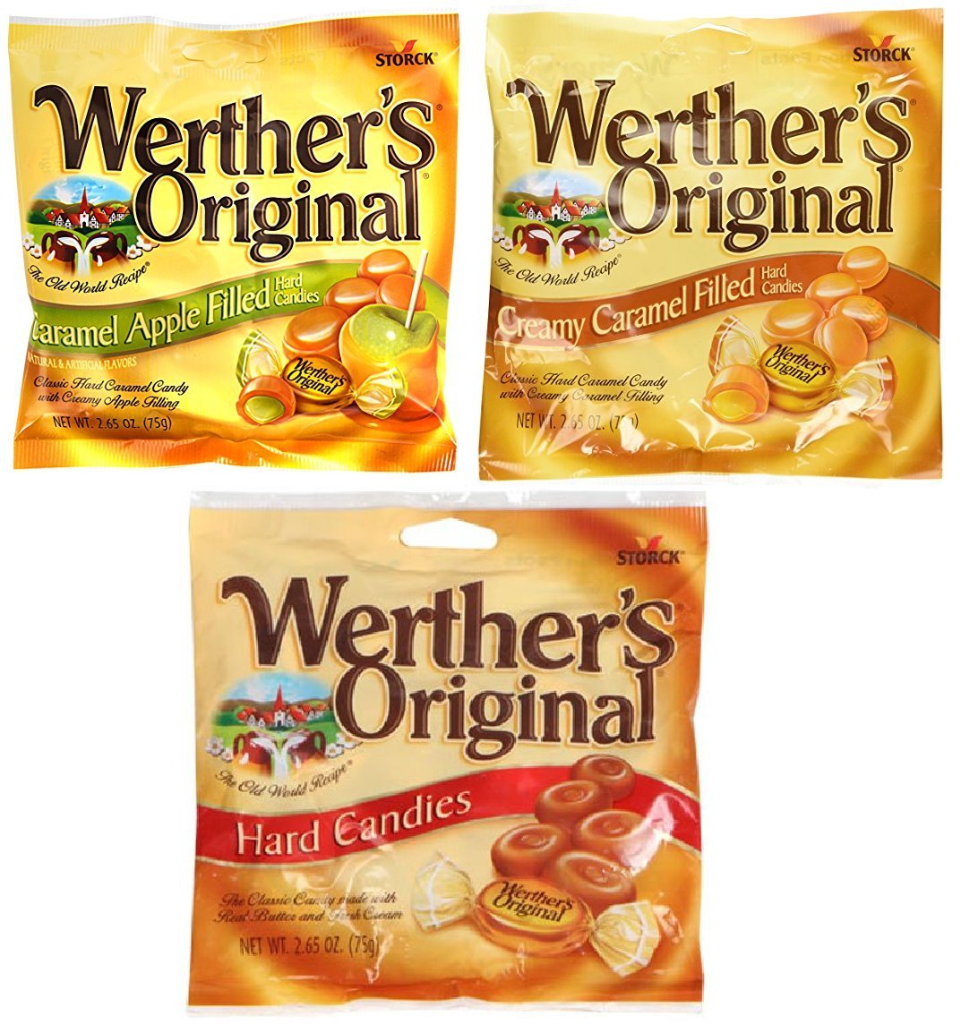 Werthers, Variety Pack, 1 Caramel, 1 Caramel Apple Filled, 1 Creamy Caramel Filled, Hard Candies, 2.65 oz Per Bag