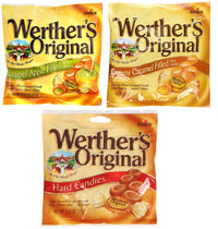 Werthers, Variety Pack, 1 Caramel, 1 Caramel Apple Filled, 1 Creamy Caramel Filled, Hard Candies, 2.65 oz Per Bag