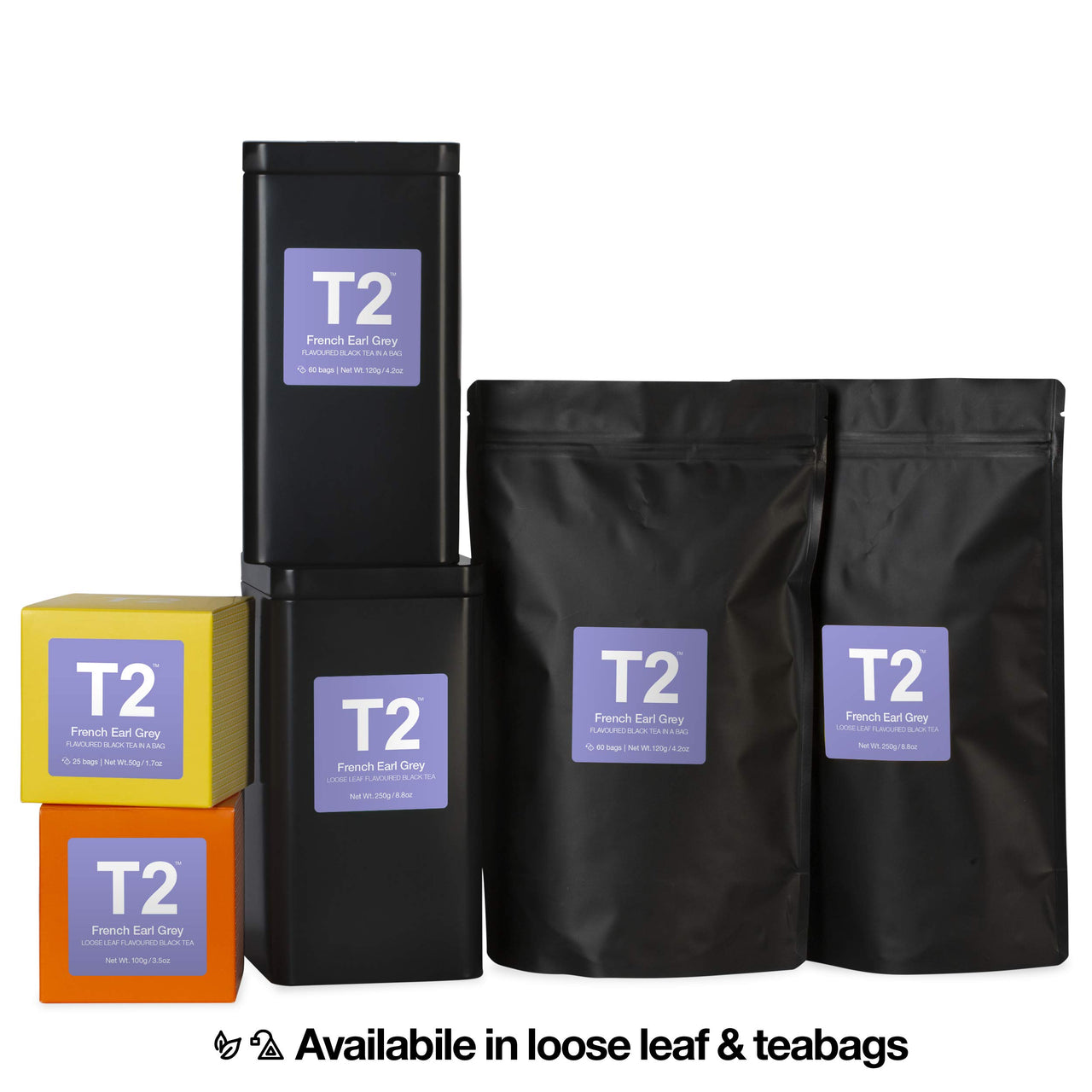 T2 Tea T2 French Earl Grey 25 Tea Bags Box, Fine Black Tea With Bergamot and Petals, YELLOW (B125AE018)