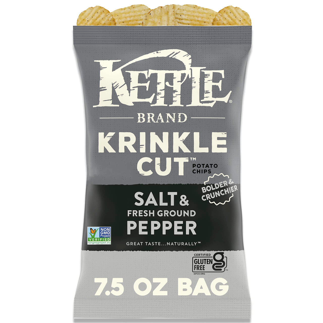 Kettle Brand Krinkle Cut Salt and Fresh Ground Pepper Kettle Potato Chips, Gluten-Free, Non-GMO, 7.5 oz Bag