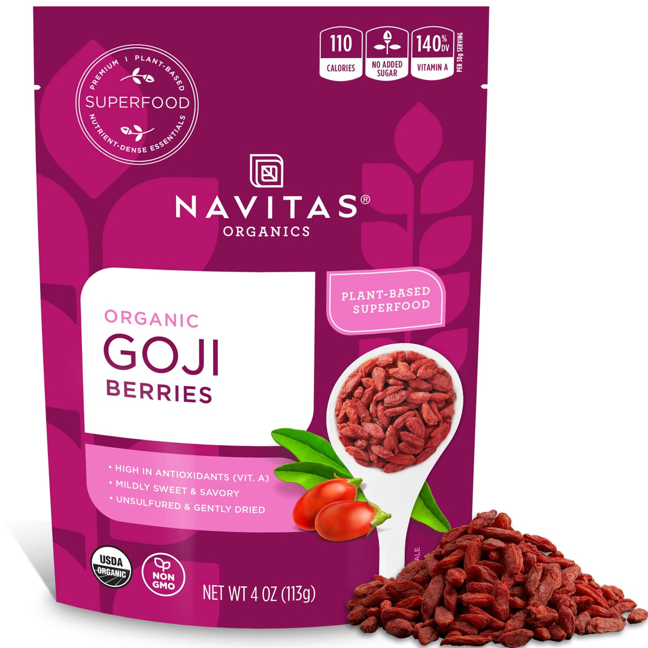 Navitas Organics Goji Berries, 4 oz. Bag, 4 Servings - Organic, Non-GMO, Sun-Dried, Sulfite-Free