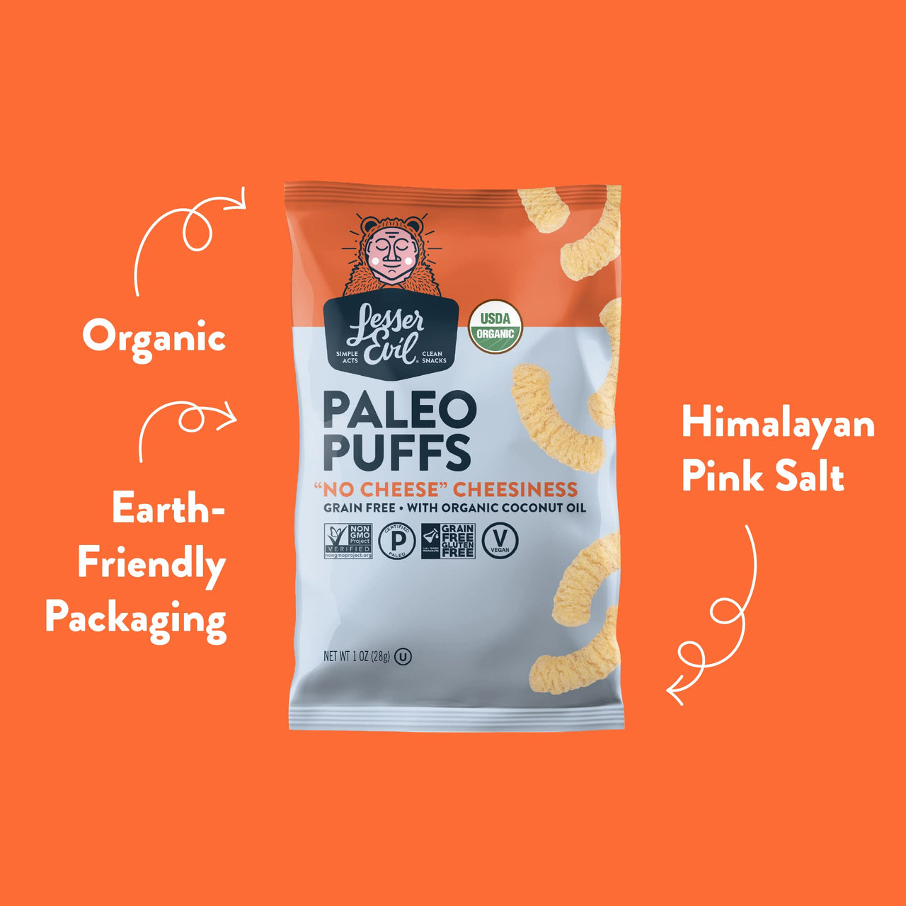 LesserEvil No Cheese Cheesiness Organic Paleo Puffs, Grain Free, Vegan, Minimally Processed, No Vegetable Oil, 1 Oz, Pack of 12