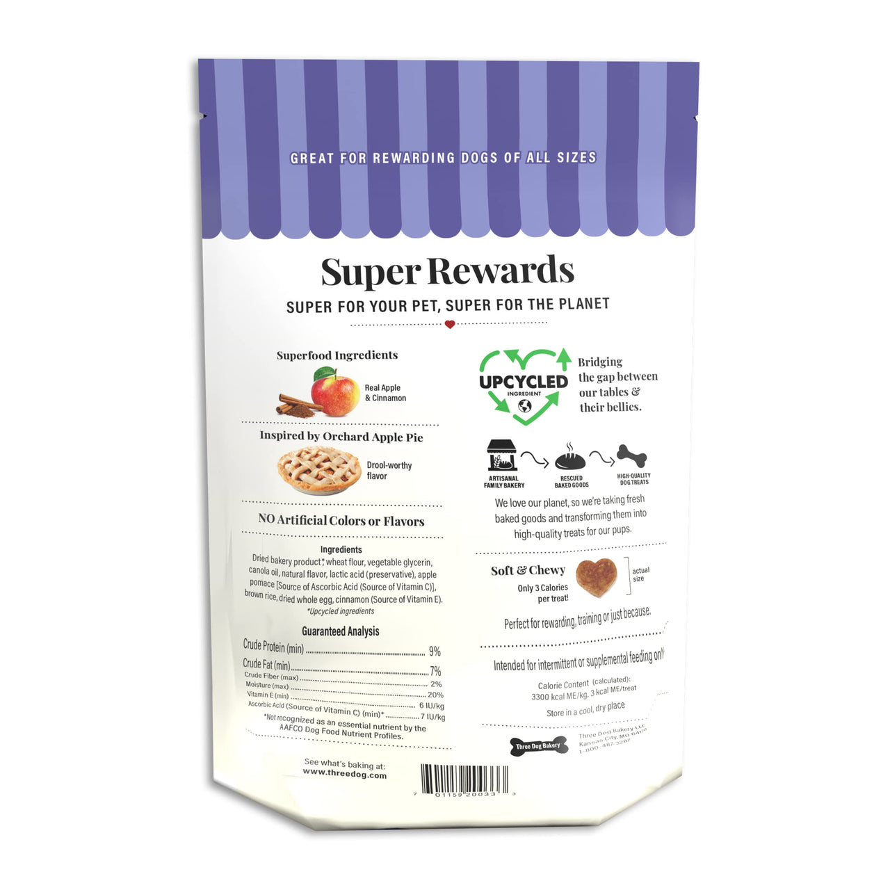 Three Dog Bakery Soft and Chewy Super Rewards with Superfoods Dog Treats, Low Calorie Dog Training Treats for Dogs, Orchard Apple Pie Flavor, 8 Ounce Resealable Bag