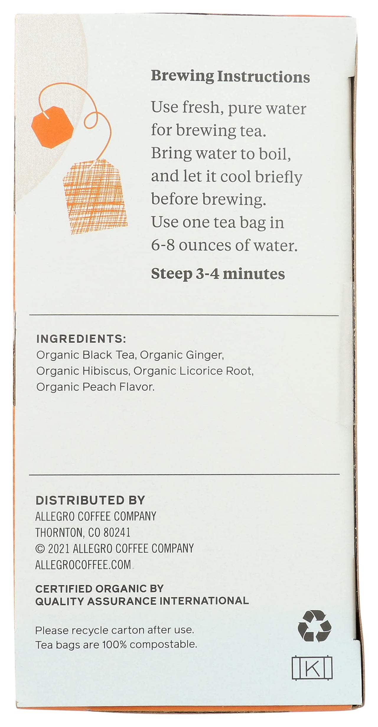 Allegro Tea, Organic Ginger Peach Black Tea Bags, 20 ct