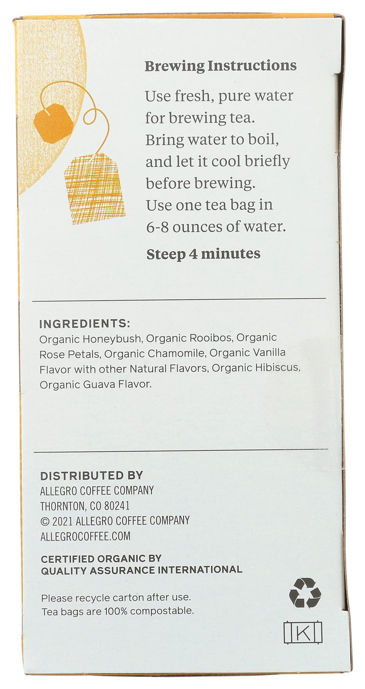 Allegro Tea, Organic Tropical Honeybush Tea Bags, 20 ct