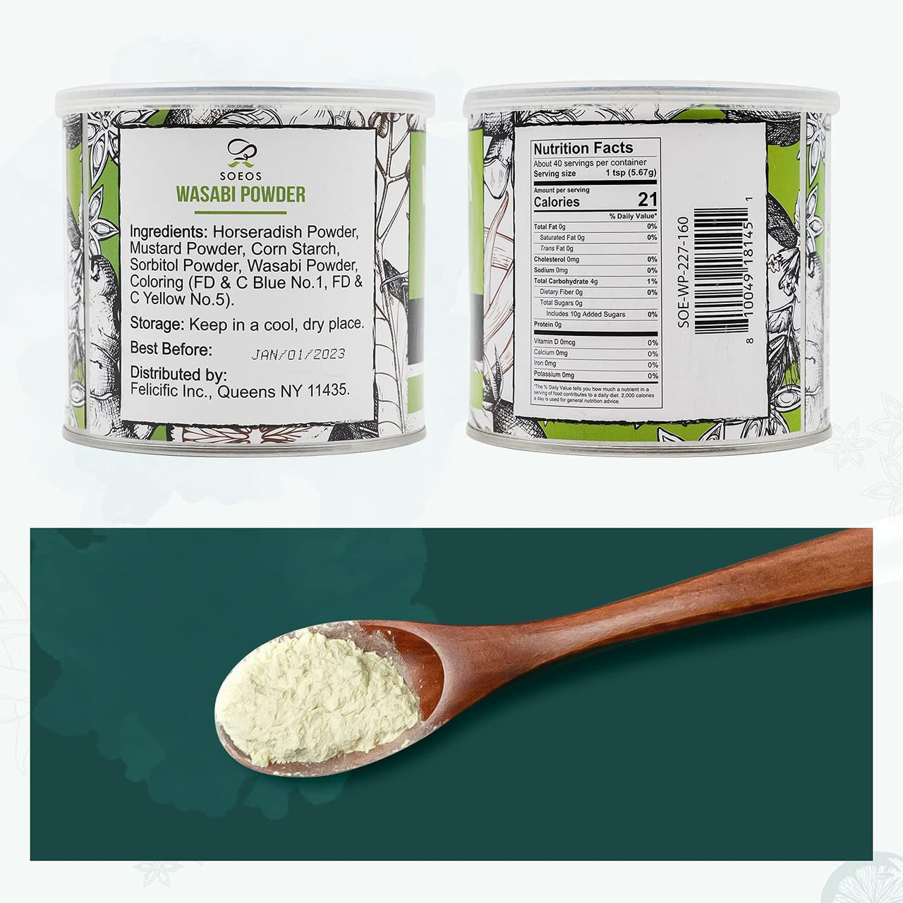 Soeos Premium Wasabi Powder 8oz (227g), with Real Wasabi, Grade AAA Powder, for Sushi, Sushi Powdered, Root Fresh Bulk, green