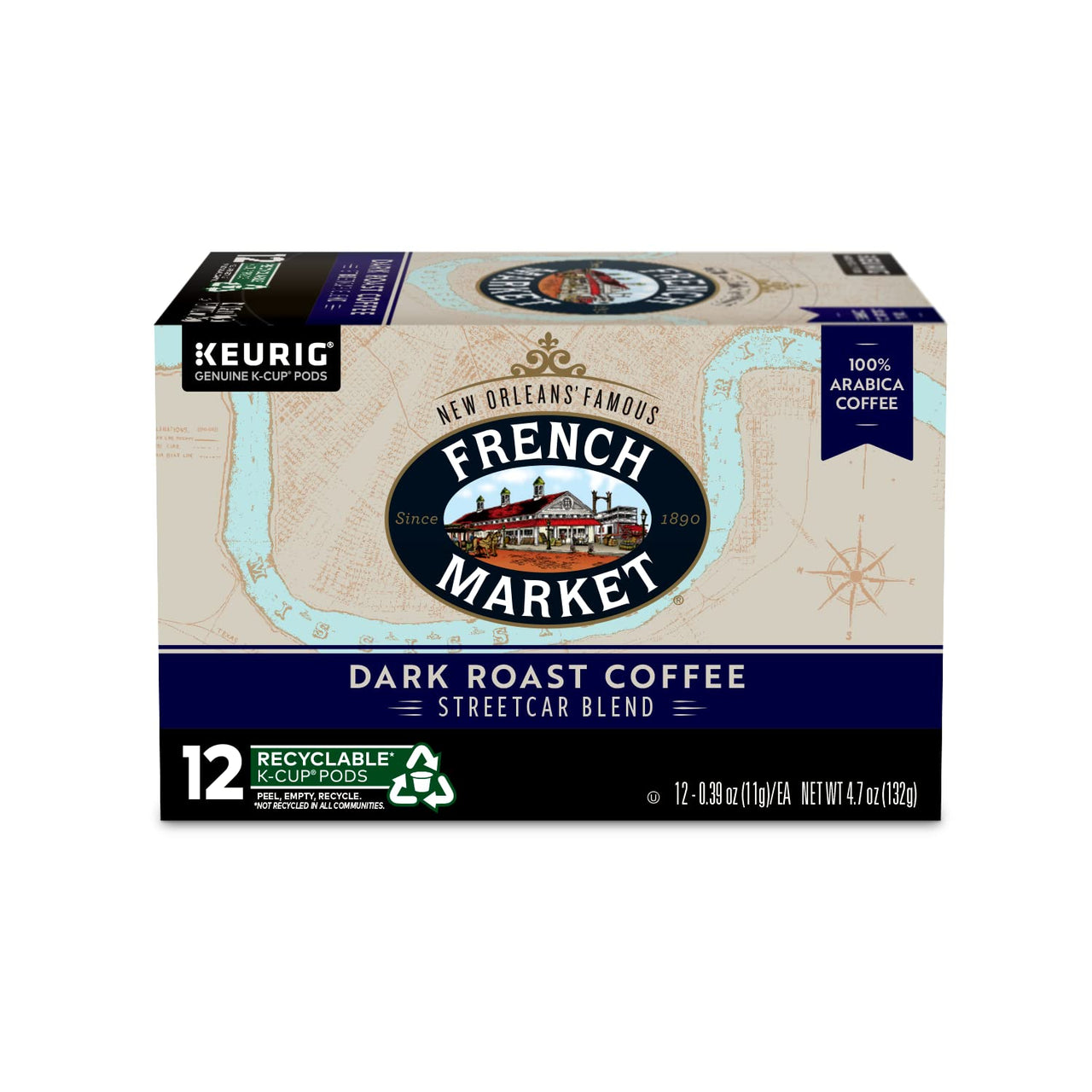 French Market Coffee, St. Charles Blend, Single Serve Coffee K-Cup Pods, Dark Roast, 12 Count