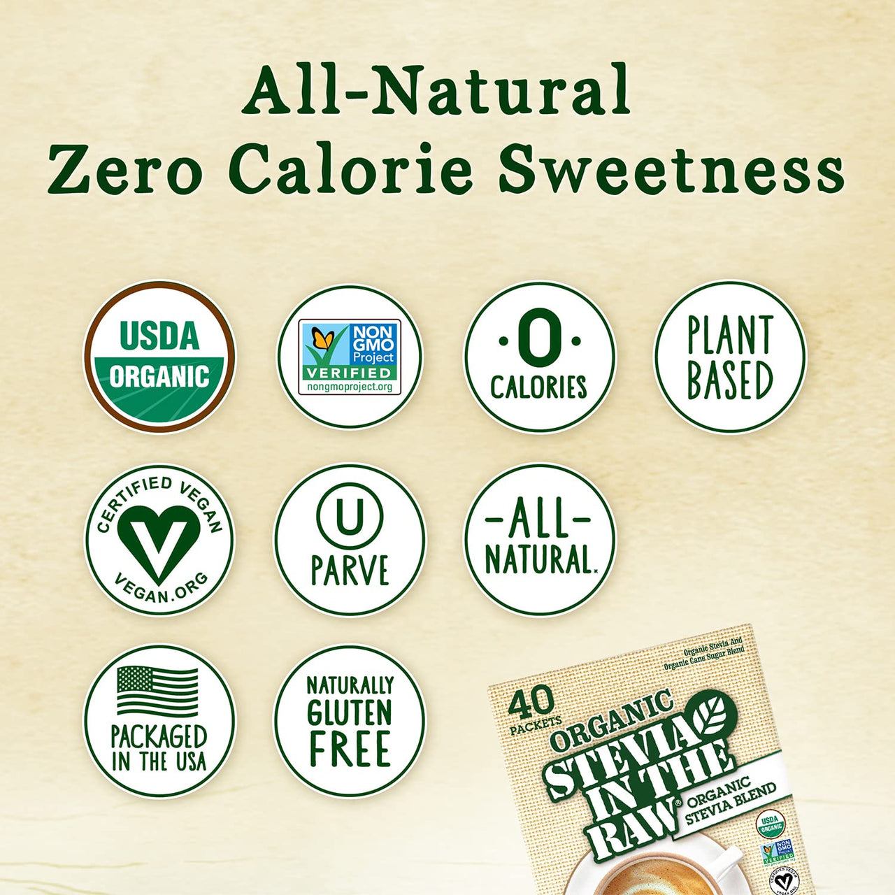 Organic Stevia In The Raw, Plant Based Zero Calorie Natural Sweetener, No Erythritol, Sugar Substitute, Sweetener for Coffee, Hot & Cold Drinks, Non-GMO, Vegan, Gluten-Free, 40 Count Packets (6 Pack)