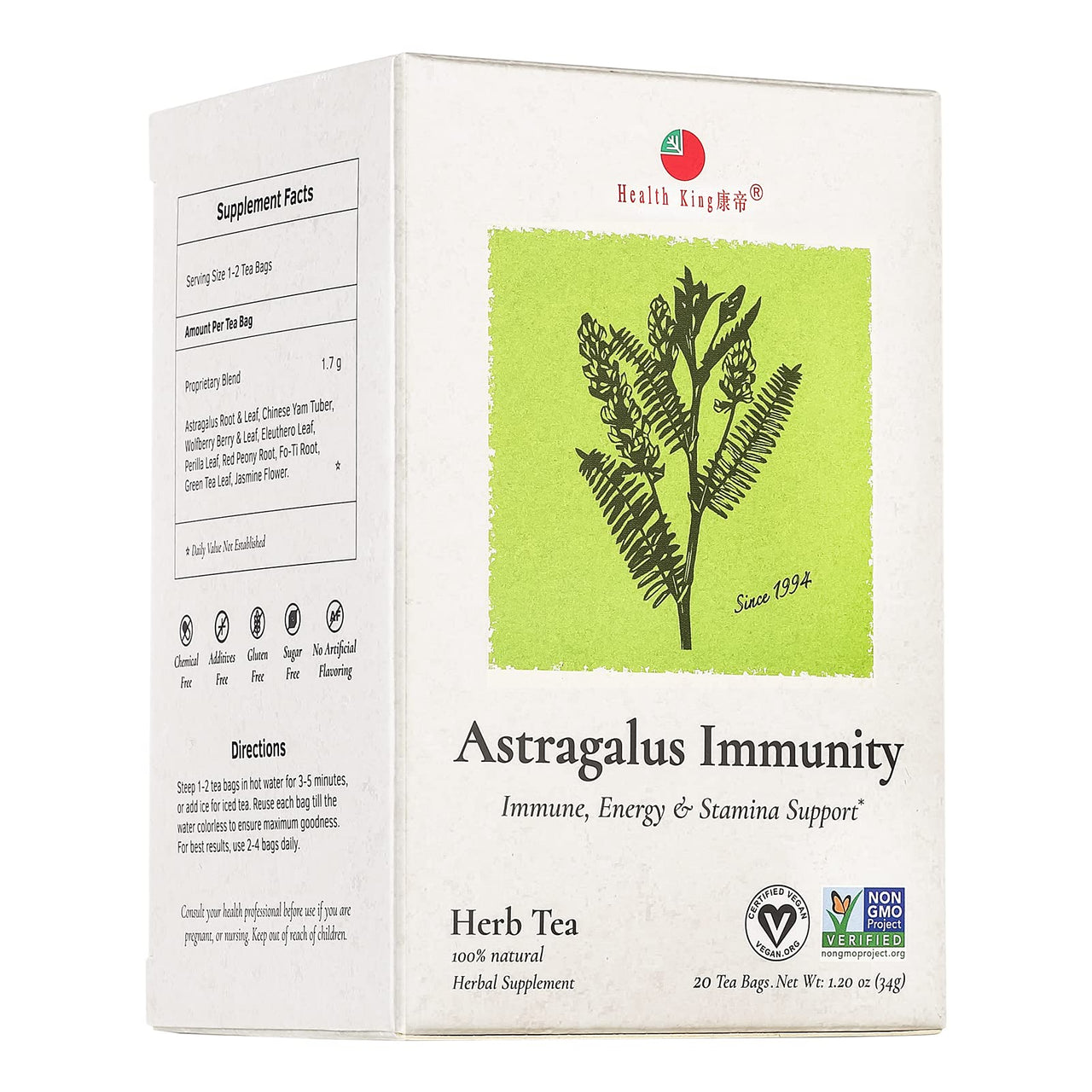 Health King Astragalus Immunity Herb Tea, Teabags, 20 Count Box