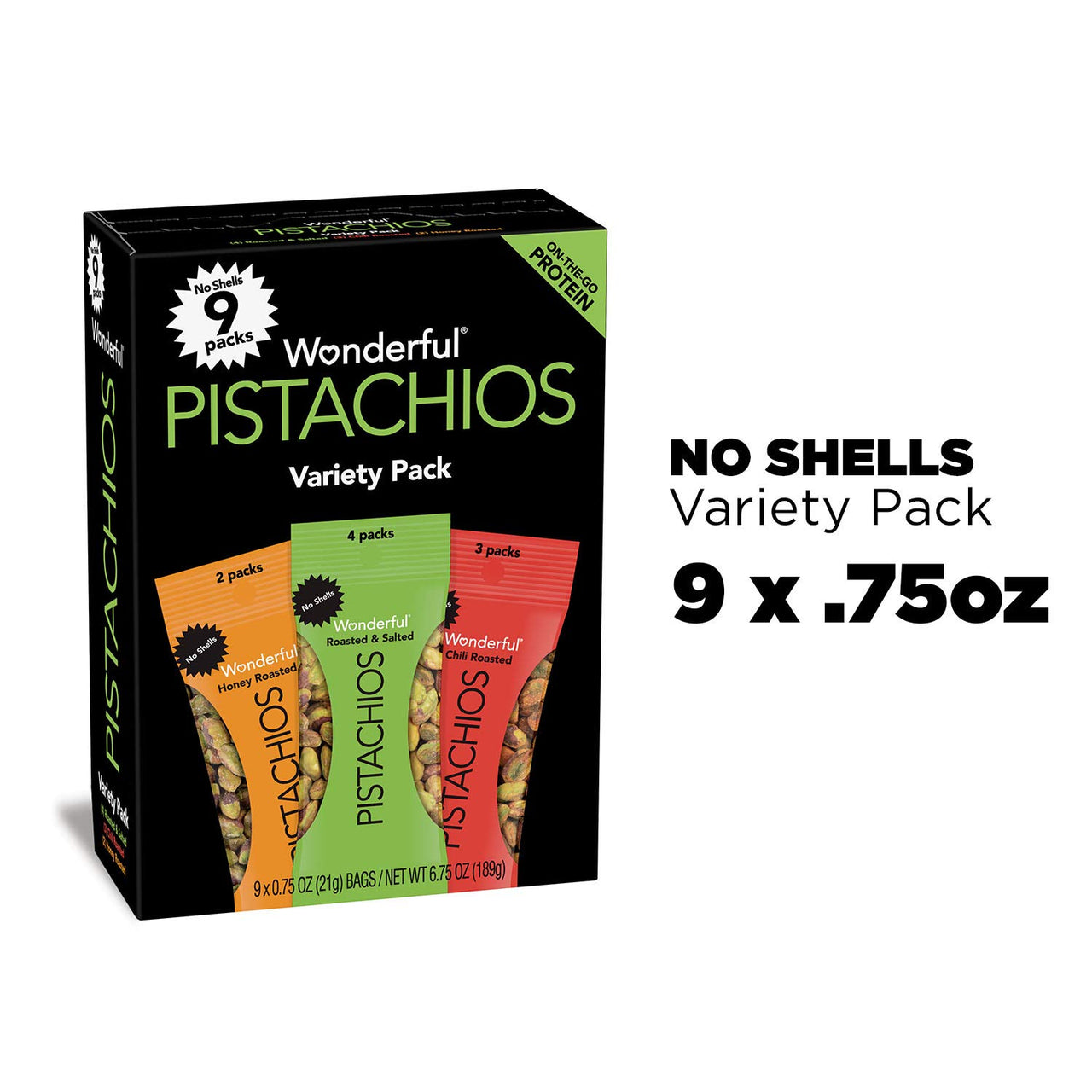 Wonderful Pistachios , No Shell Nuts, Variety Pack (4 bags of Roasted & Salted, 3 bags of Chili Roasted, and 2 bags of Honey Roasted), 9 Count