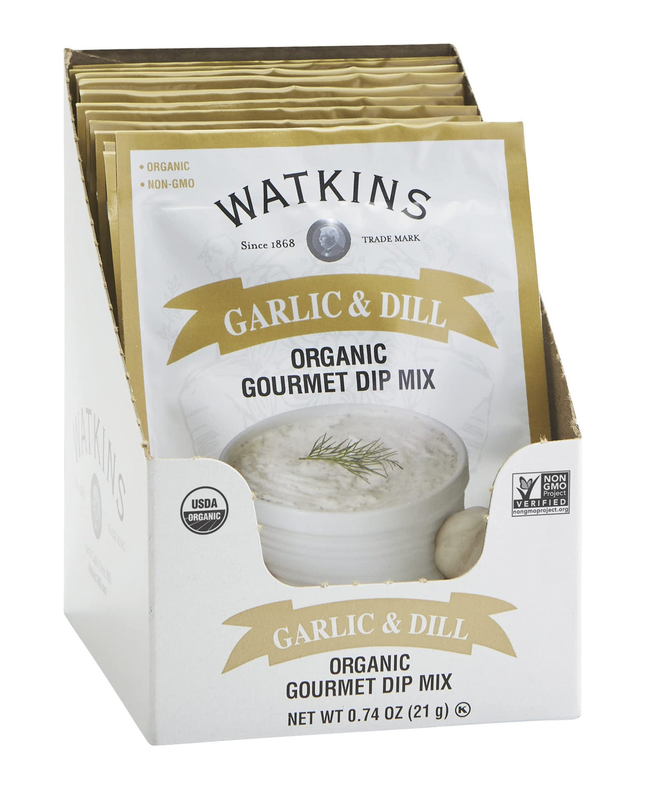 Watkins Organic Gourmet Dip Mix, Garlic & Dill, 0.74 oz. Packets, 12-Pack