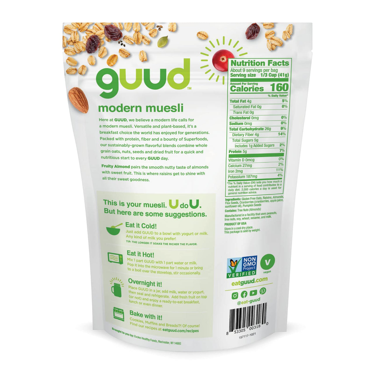 GUUD Fruity Almond Muesli Cereal, 12 Ounce, Gluten Free, Oats, Raisins, Almonds, Cranberries, Flax Seeds, Pumpkin Seeds, Vegan, Non-GMO Certified, Kosher