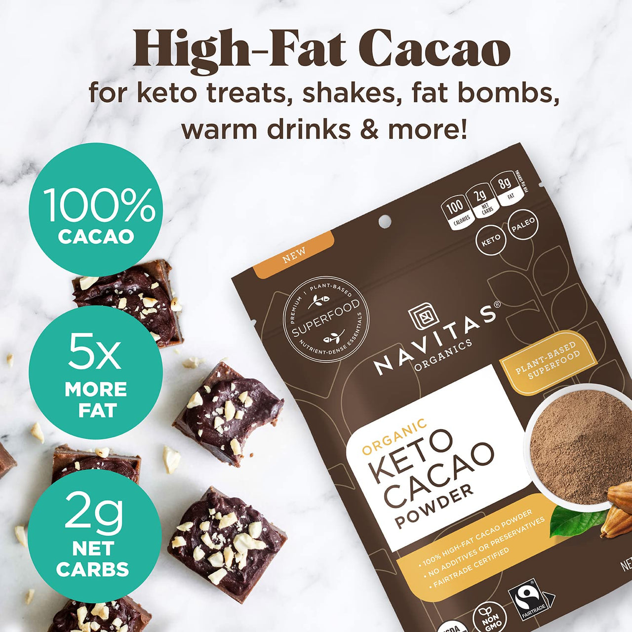 Navitas Organics Keto Cacao Powder, 8 oz. Bag, 15 Servings  Organic, Non-GMO, Fair Trade, High Fat Cacao