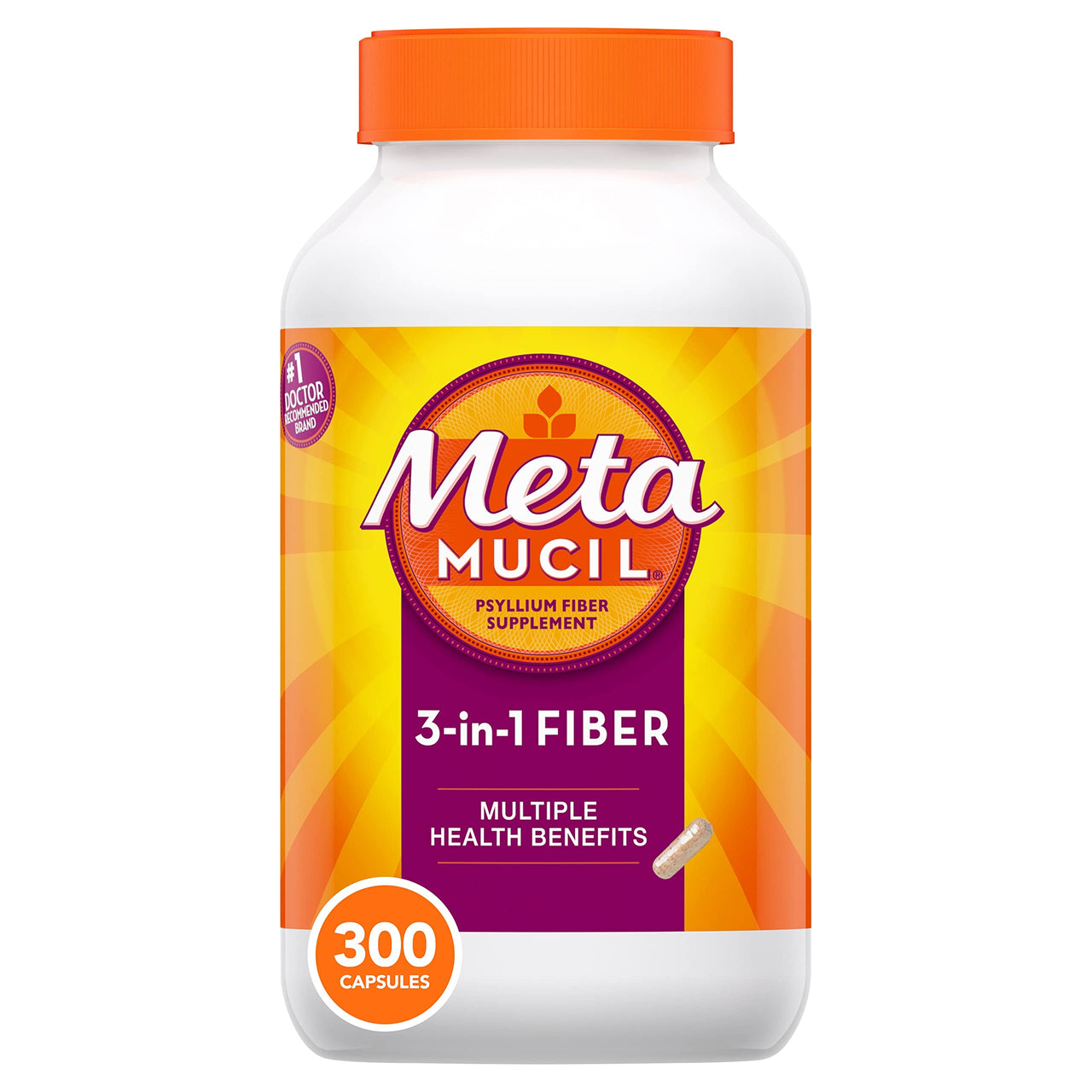 Metamucil Daily Fiber Supplement Capsules, Psyllium Husk Fiber for Digestive Health, 300 Ct