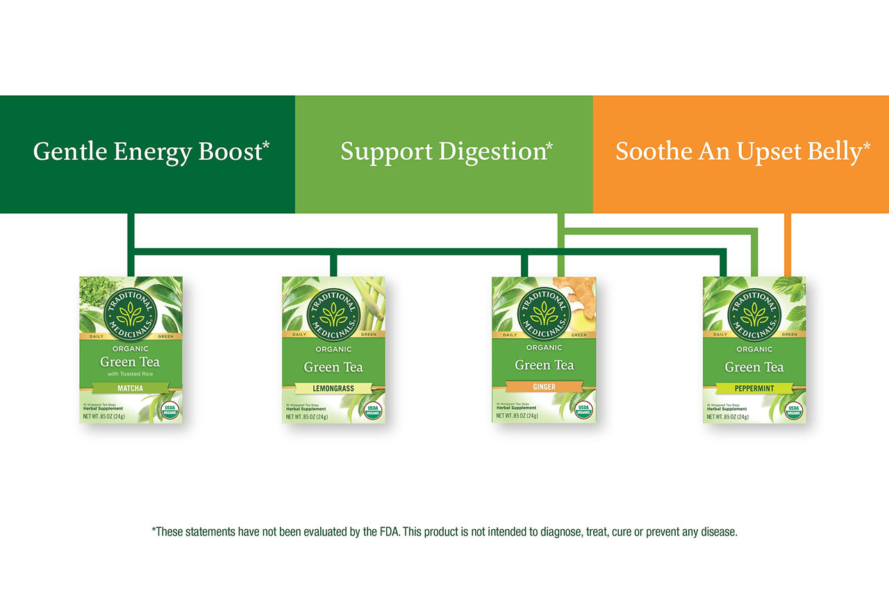 Traditional Medicinals - Organic Green Tea Variety Pack - Includes Matcha, Ginger, Peppermint and Lemongrass - 64 Tea Bags Total (4 Pack),16 Count (Pack of 4)
