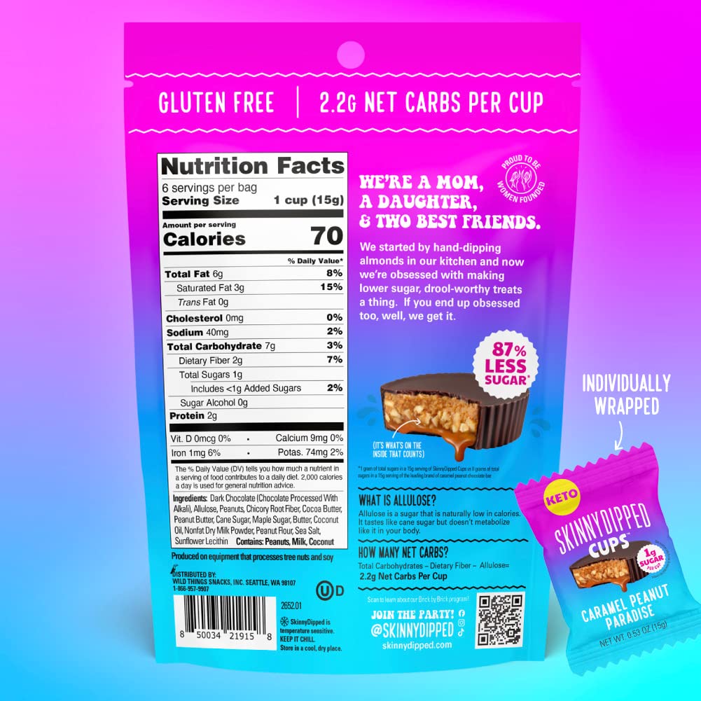 SkinnyDipped Caramel Peanut Paradise Cups, 1g Sugar per Cup, Keto Friendly, No Palm Oil, Gluten Free, 3.2oz Resealable Bags, 6 Count (Pack of 4)