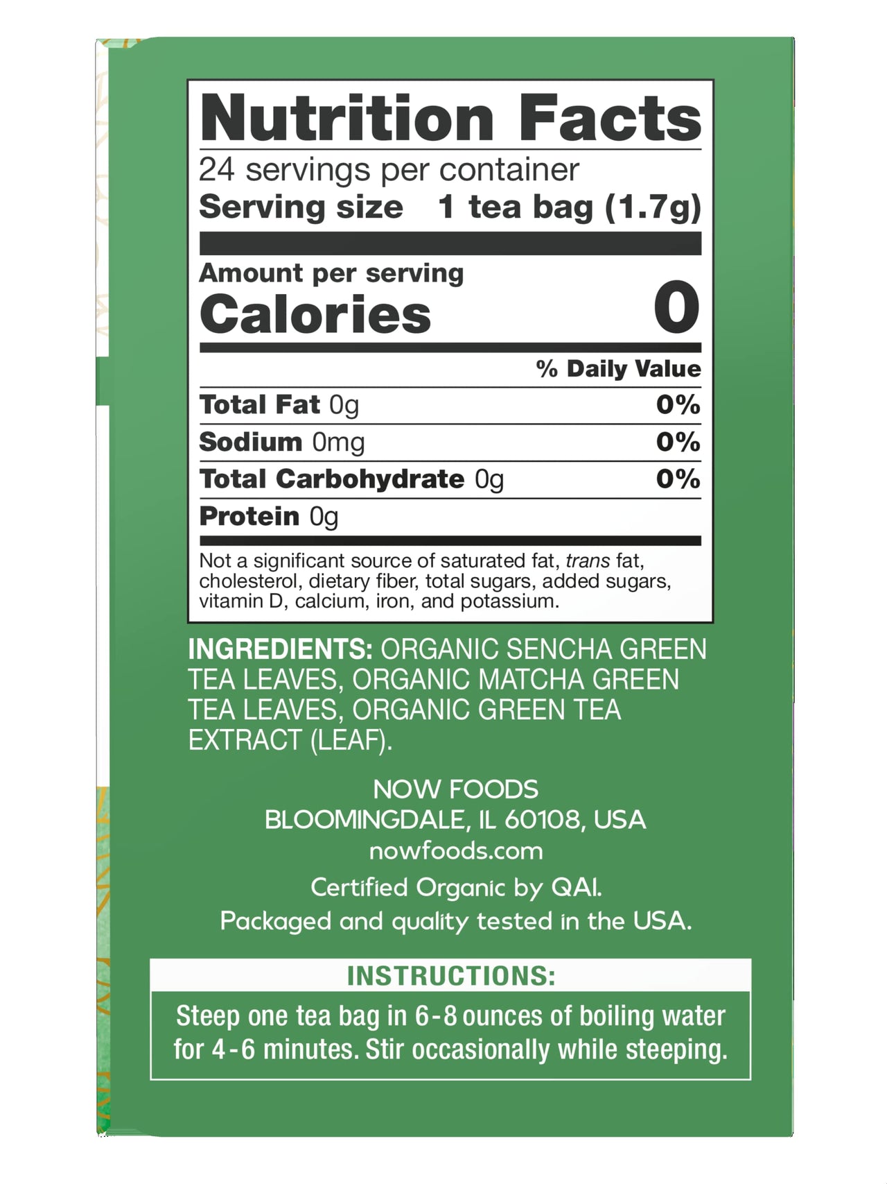 NOW Foods, Certified Organic Green Kick Tea, with Polyphenols, Premium Unbleached Tea Bags with No-Staples Design, No Added Colors, Preservatives, Flavors, or Sugars, 24-Count