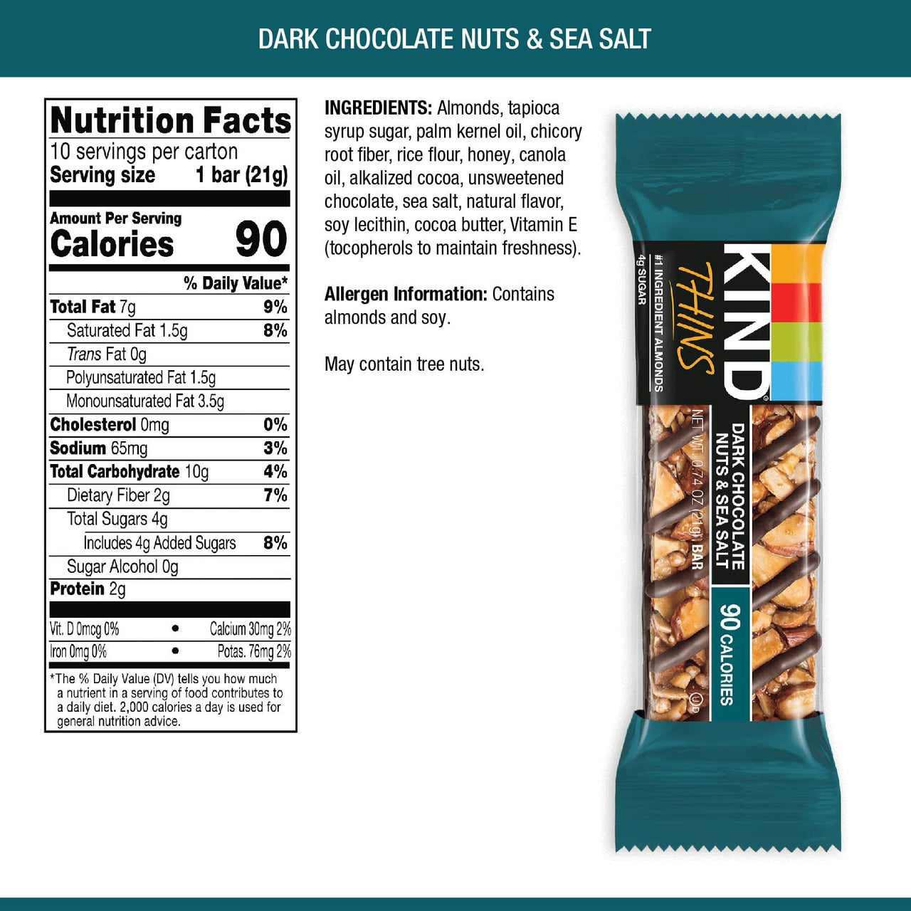 KIND THINS Dark Chocolate Nuts & Sea Salt Bars (Now with Peanuts), Gluten Free, 4g Sugar, 0.74 oz bars, 10 count