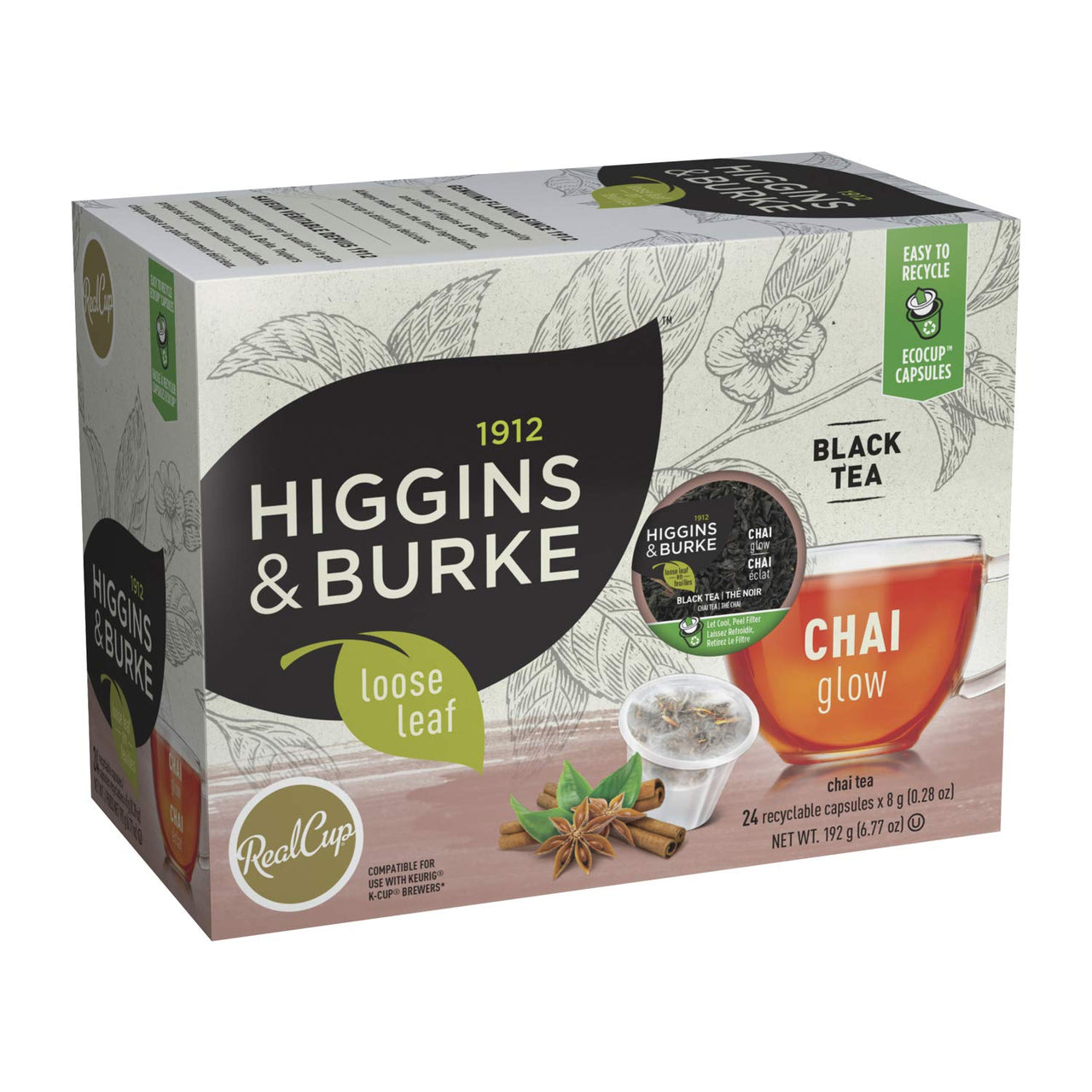 Higgins & Burke Chai Glow, Loose Leaf, Black Tea, Keurig K-Cup Brewer Compatible Pods, 24 Count
