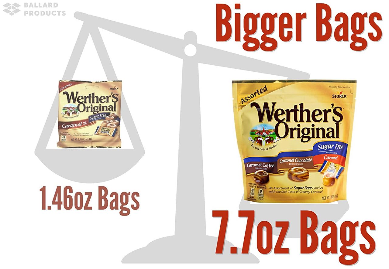Werther's  Original Sugar Free Assorted Candy Pack of 2 Bags of Hard Candy (7.7oz Each) - 3 Flavors: Coffee, Chocolate, Caramel - Bundle with Ballard Products Pocket Bag