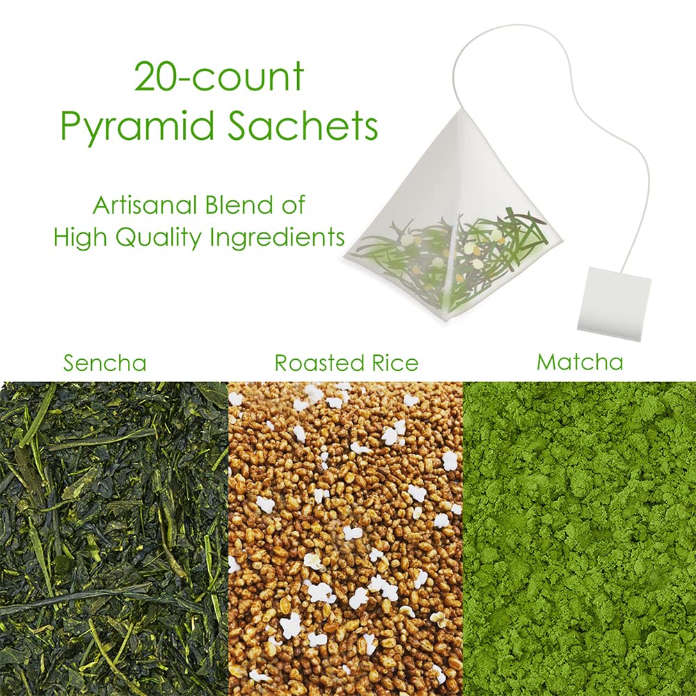[Sugimoto Tea] Authentic Japanese Matcha Genmaicha from Shizuoka, Japan - Sencha Green Tea with Roasted Rice & Matcha Blend, Compostable Pyramid Tea Bags, (20 Teabags x 3 Packs)