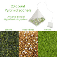 [Sugimoto Tea] Authentic Japanese Matcha Genmaicha from Shizuoka, Japan - Sencha Green Tea with Roasted Rice & Matcha Blend, Compostable Pyramid Tea Bags, (20 Teabags x 3 Packs)