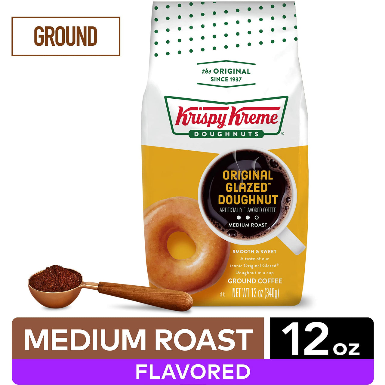 Krispy Kreme Original Glazed Doughnut, Ground Coffee, Flavored Medium Roast, Bagged 12 oz