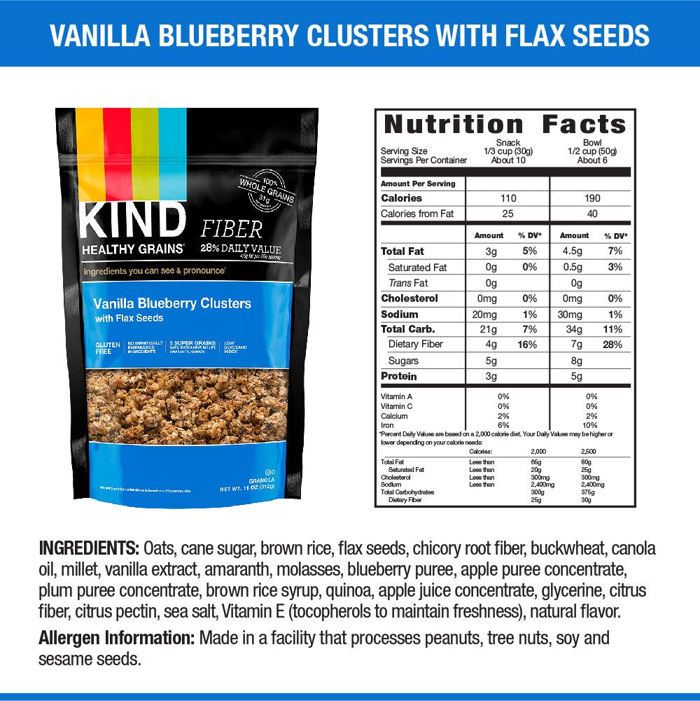 KIND Healthy Grains Clusters, Vanilla Blueberry with Flax Seeds Granola, 10g Protein, Gluten Free, 11 Ounce (Pack of 1)