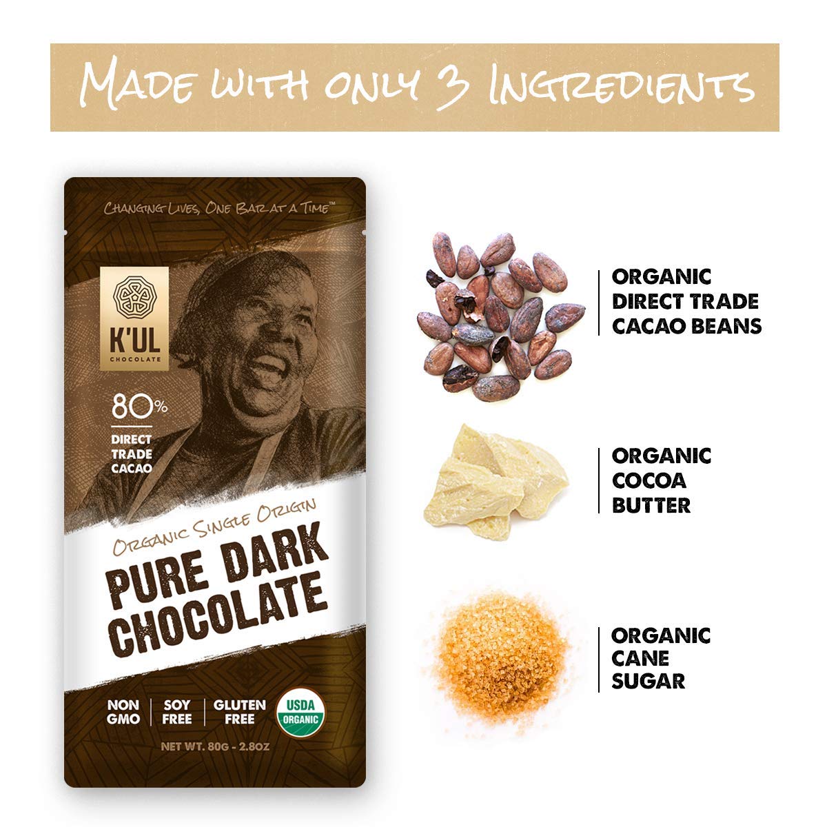 K'UL Chocolate Bars | 4 Pack Pure Dark Chocolate 80% Cacao | Organic, Vegan Chocolate, Gluten Free, Soy Free, Non-GMO, Bean-to-Bar, Fair Trade Dark Chocolate