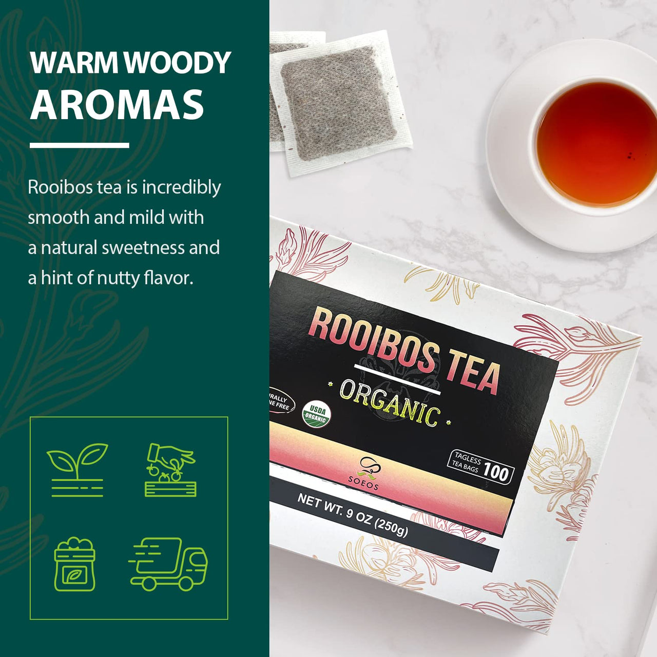 Soeos Rooibos Tea, Rooibos Tea Organic, Rooibos Tea Bags (100 Count), Naturally Sweet Herbal Tea, Caffeine Free, USDA Organic, Red Rooibos Tea Farmed in South Africa 9oz (250g)