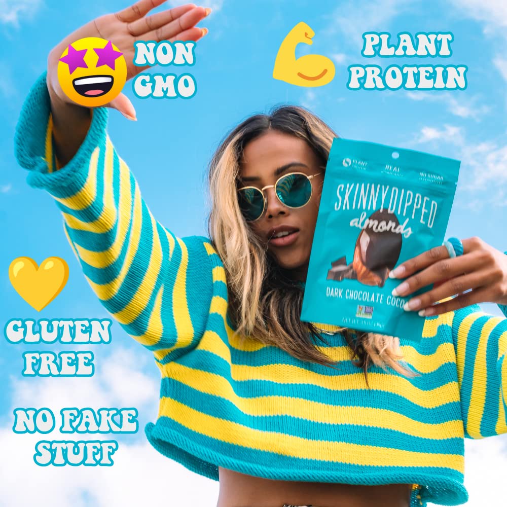 SkinnyDipped Dark Chocolate Cocoa Almonds, Healthy Snack, Plant Protein, Gluten Free, 0.46 oz Mini Bags, Pack of 24