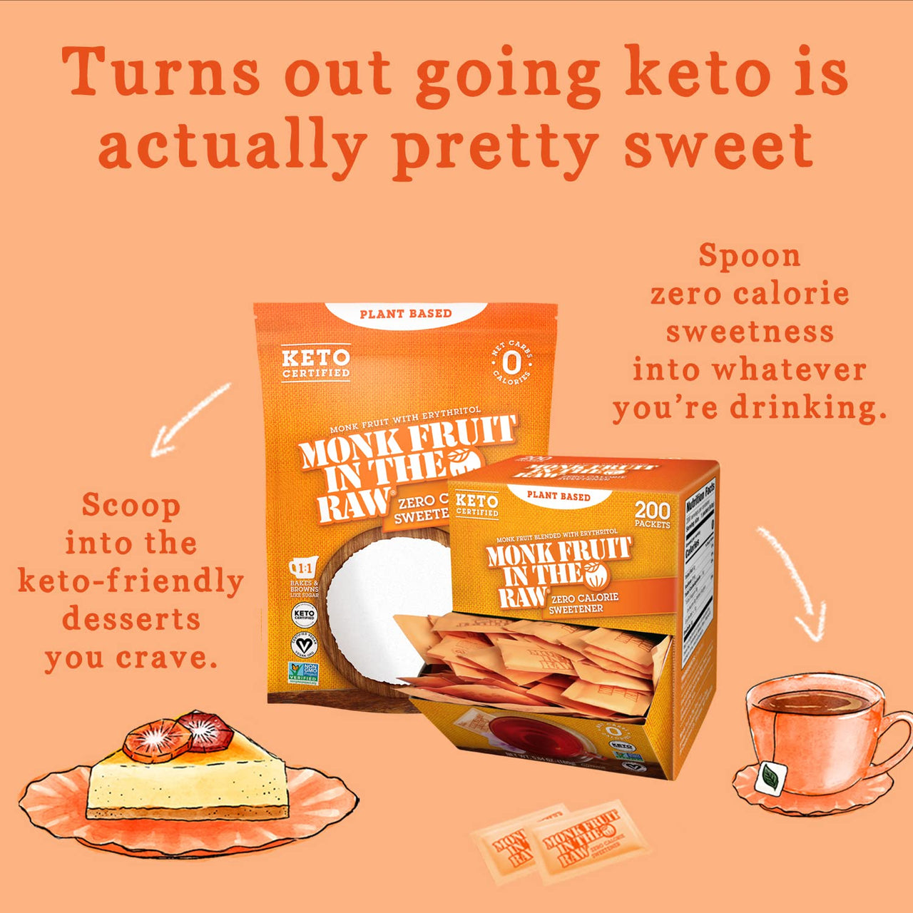 MONK FRUIT IN THE RAW, Natural Monk Fruit Sweetener w/Erythritol, Sugar-Free, Keto, Gluten Free, Zero Calorie, Low Carb, Vegan Sugar Substitute, 200 Count Packets (Pack of 2)