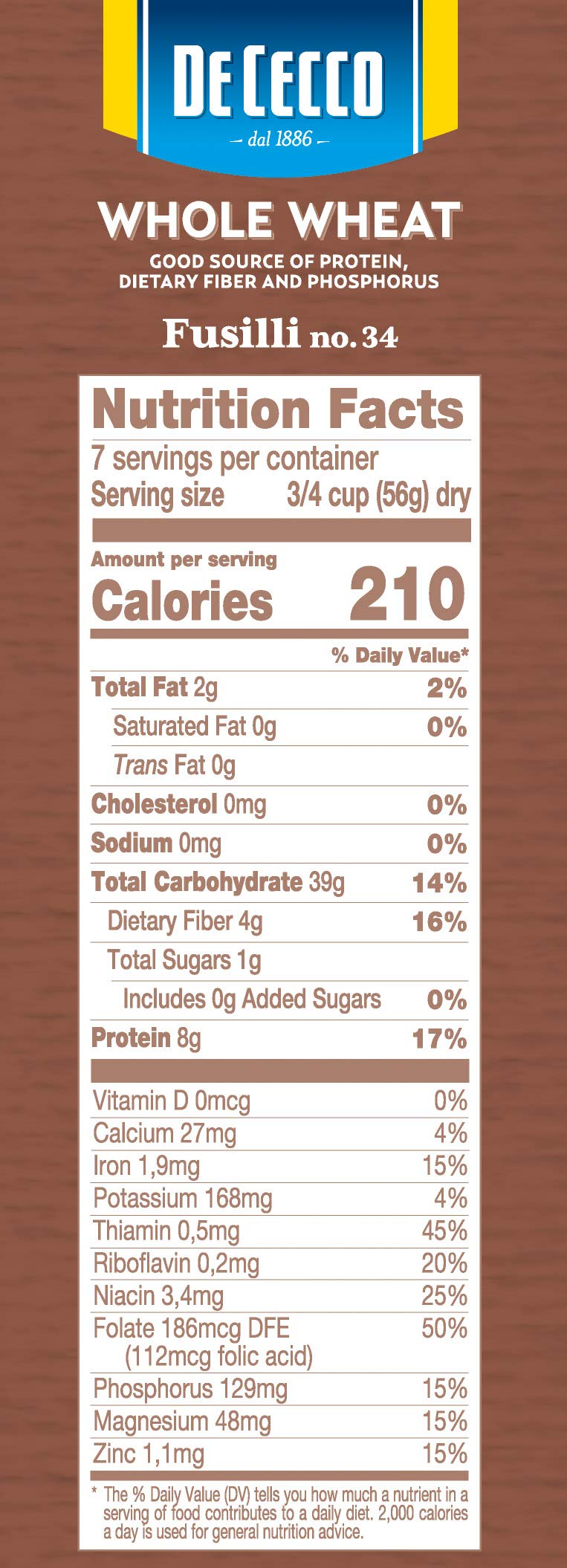 De Cecco Pasta Fusilli Whole Wheat Pasta, 13.25 oz