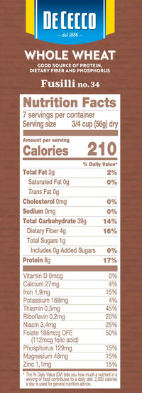 De Cecco Pasta Fusilli Whole Wheat Pasta, 13.25 oz