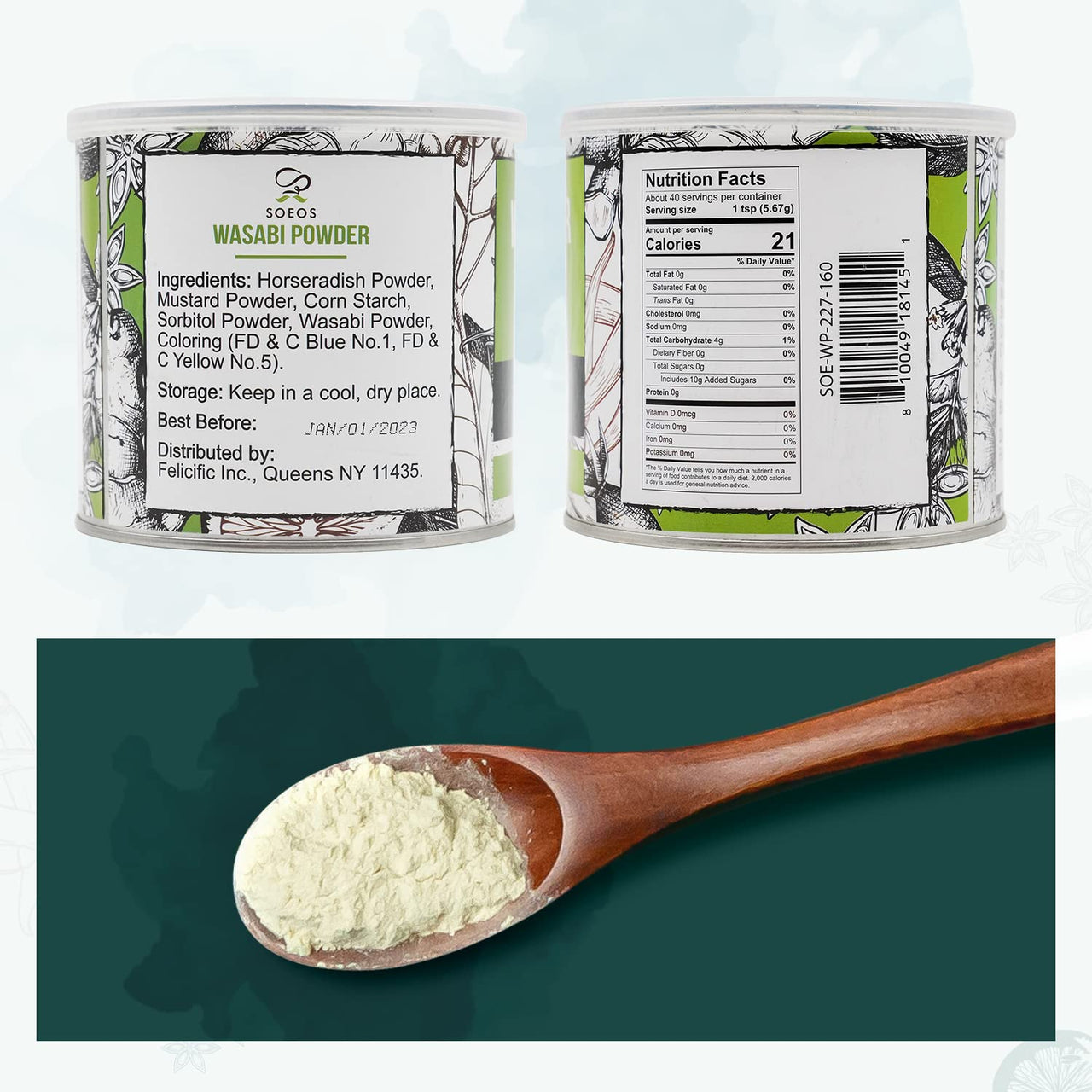 Soeos Premium Wasabi Powder 8oz (227g), with Real Wasabi, Grade AAA Powder, for Sushi, Sushi Powdered, Root Fresh Bulk, green