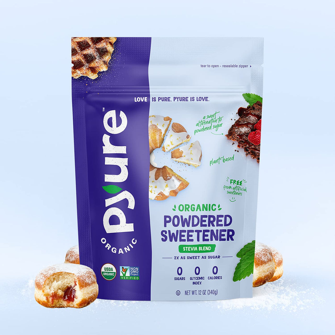 Pyure Organic Powdered Confectioners Stevia Sweetener Blend, 2:1 Sugar Substitute, 12 Ounce