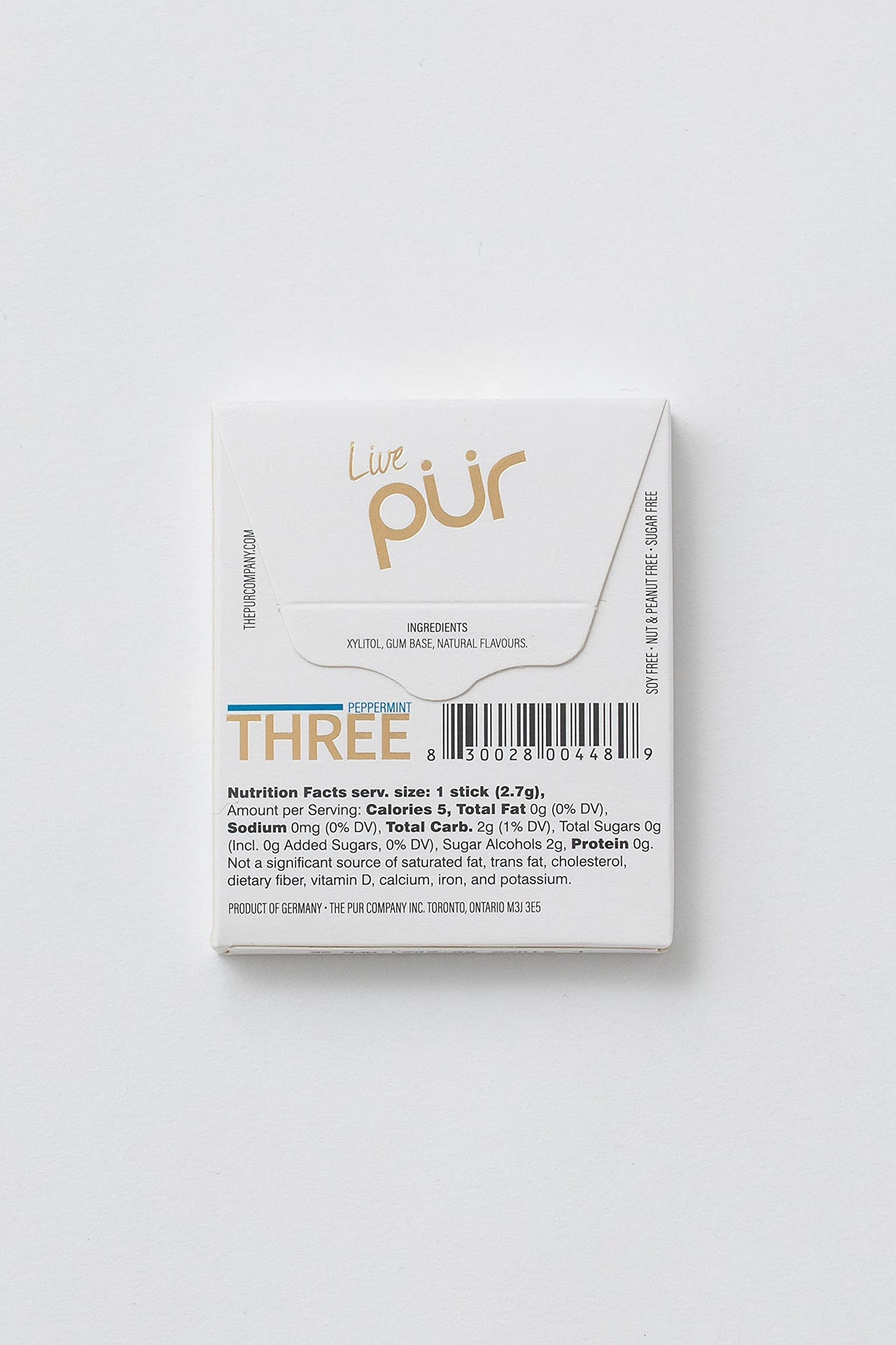 PUR THREE | Sugar Free Chewing Gum | 100% Xylitol | Vegan, Aspartame Free, Gluten Free & Keto Friendly | Natural Peppermint Flavored Gum, 12 Pieces (Pack of 10)