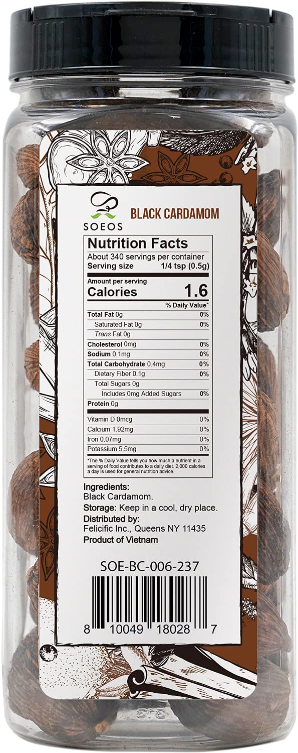 Soeos Black Cardamom 6 Ounces, NON GMO Verified, Kosher, Asian and India Cooking Spice, Smoky Flavor, Freshly Dried Cardamom, Cardamom Seeds, Cardamom Pods for Cooking, Whole Kali Elaichi, 6oz.
