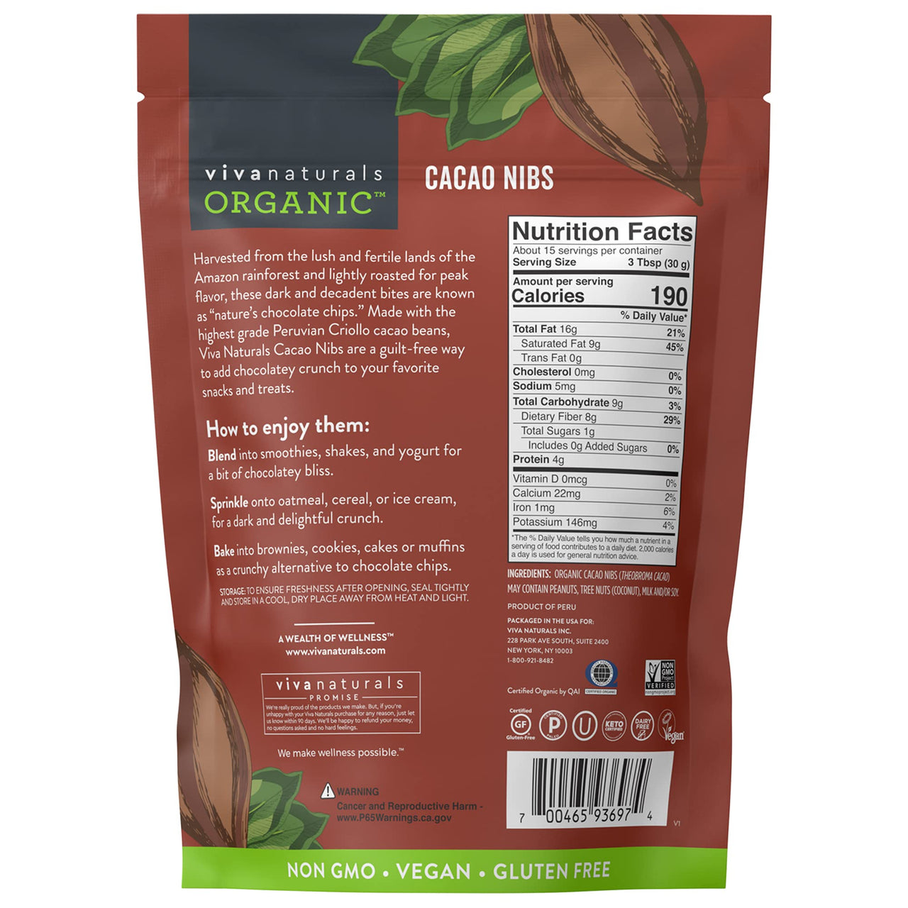 Organic Cacao Nibs, 1 Lb - Certified Keto and Vegan Superfood, Perfect for Gluten Free Baking, Cacao Nib Smoothies and Healthy Snacks, Premium Criollo Beans, Non-GMO