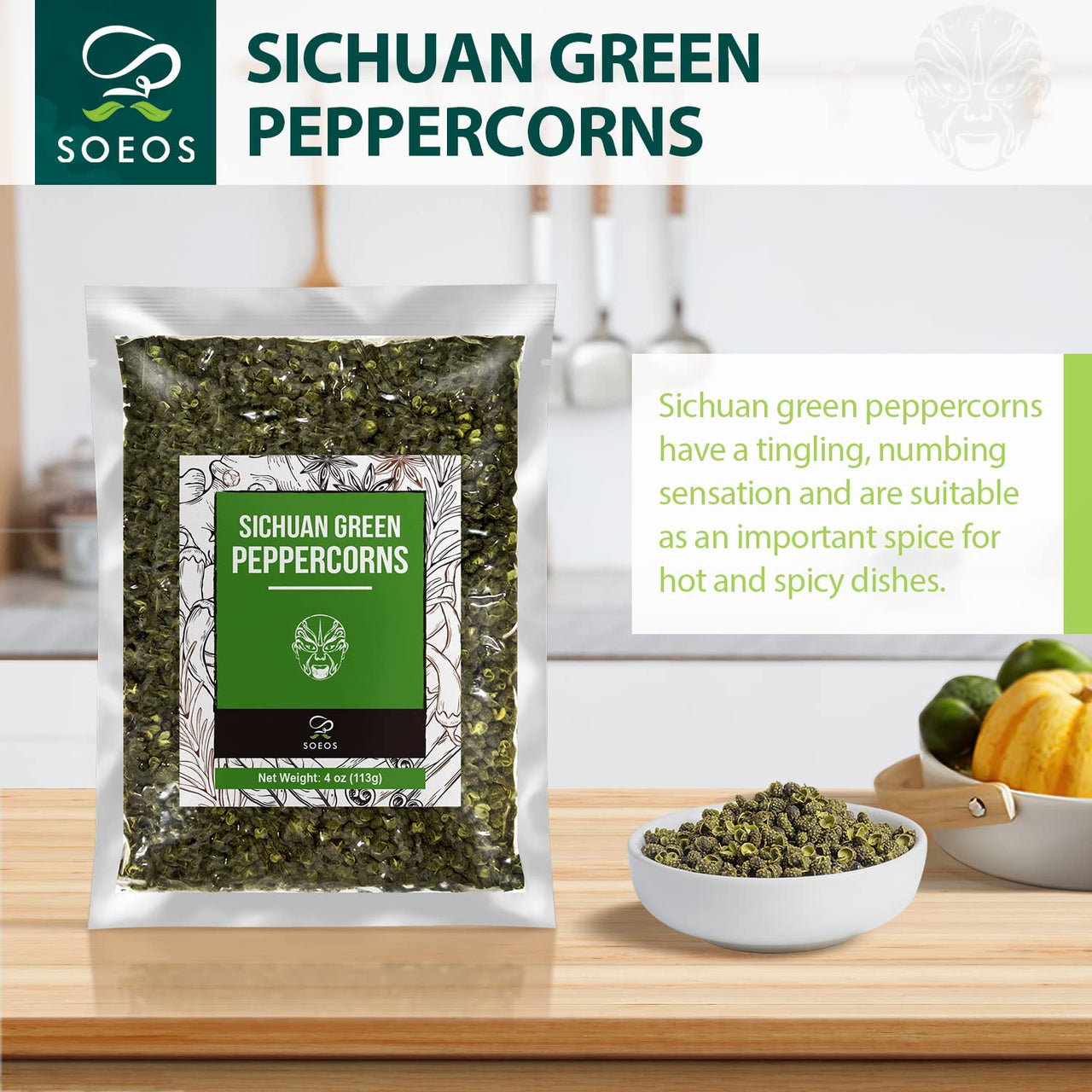 Soeos Authentic Sichuan Grade A Green Sichuan Peppercorns, Less Seeds, Strong Flavor, 4 oz.