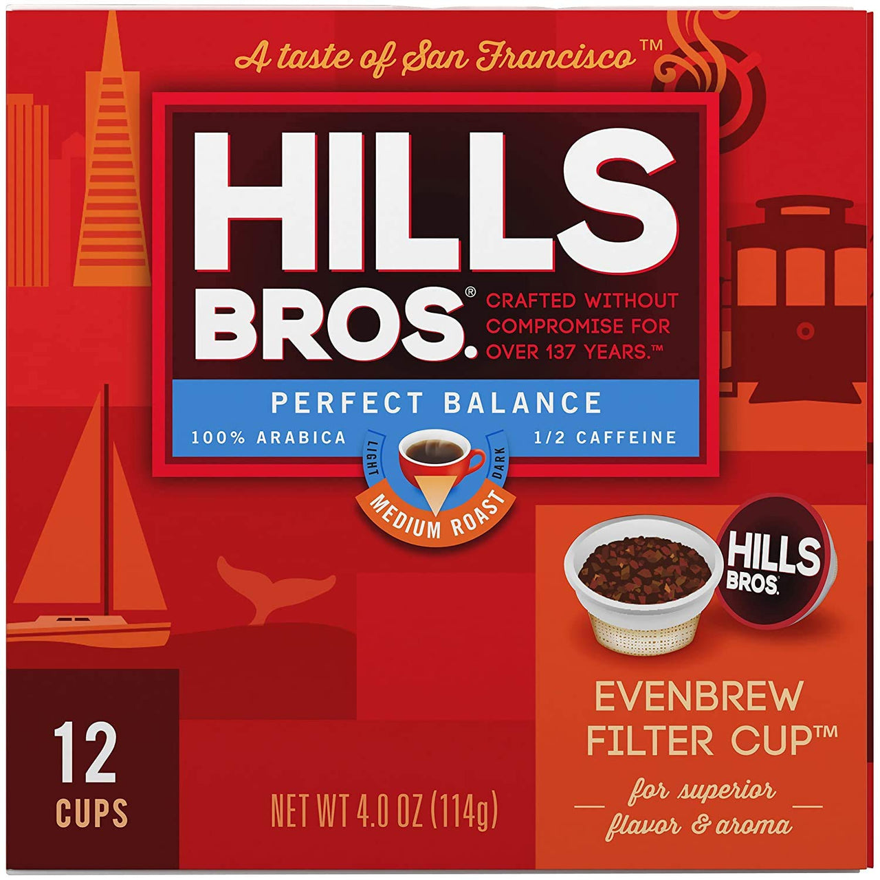 Hills Bros Single Serve Coffee Pods, Perfect Balance, Medium Roast Coffee, 12 Count-Keurig Compatible, Roasted Arabica Coffee Beans, Less Caffeine, Full-Body Flavor